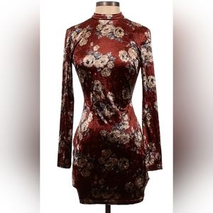 Brown Floral Velvetly Cocktail Dress